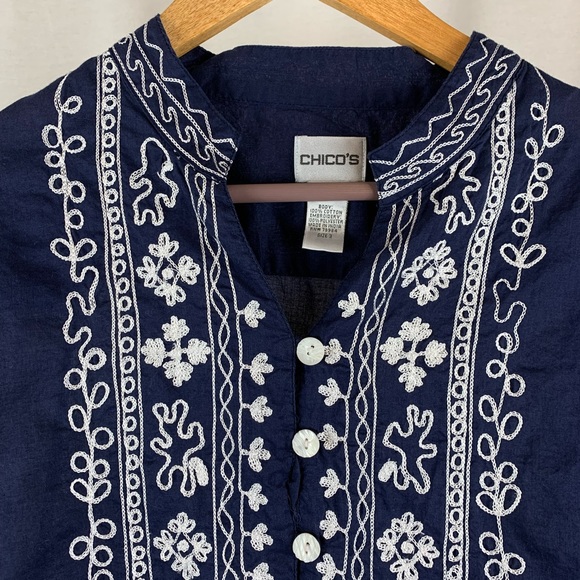 Chicos Navy Embroidered Long Sleeve Button down shirt, Size XL 16 (chicos sz 3) - Picture 2 of 5